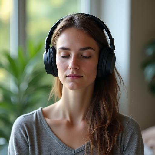 Donna con cuffie che medita in un ambiente tranquillo