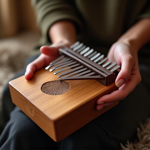 Mani che suonano delicatamente una kalimba in legno