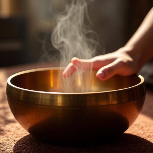 Primo piano di una ciotola tibetana che viene suonata