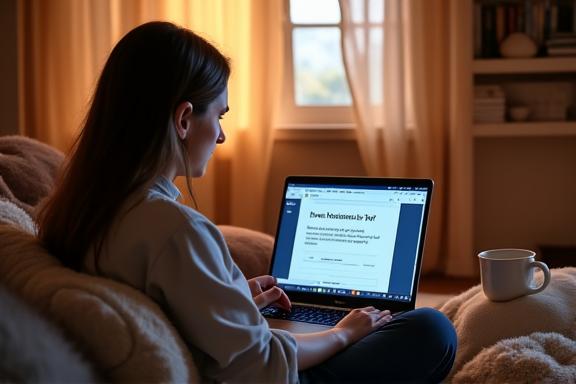 Persona che segue un corso online su un laptop in un ambiente confortevole