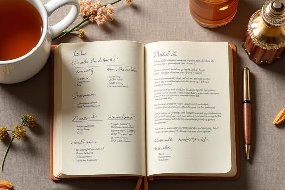 Un diario aperto con note e simboli musicali accanto a una tazza di tè